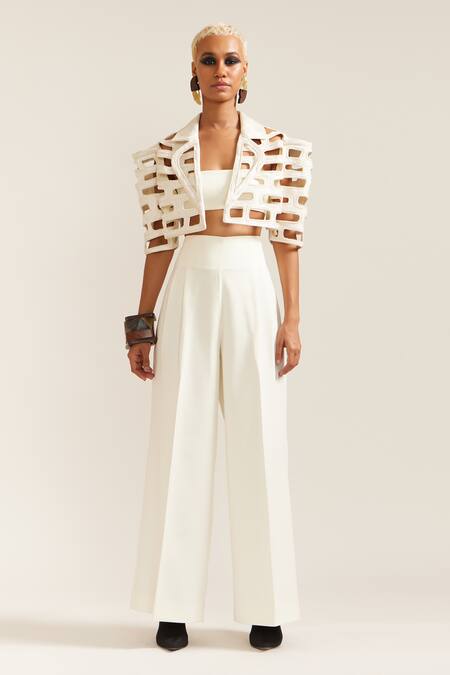 Mini Sondhi Cream Crepe Embroidery, Cut Work Collared Brick Jacket With Pant at Aza Fashions Mini Sondhi_Cream Crepe Embroidery, Cut Work Collared Brick Jacket With Pant _at_Aza_Fashions