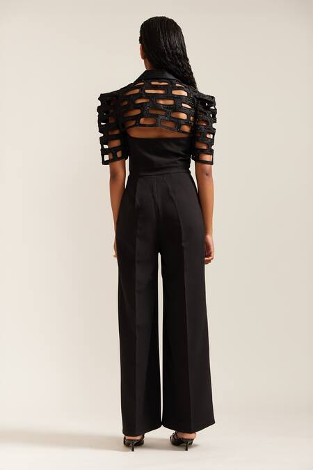 Shop_Mini Sondhi_Black Crepe Applique, Beads Collared Brick Cutwork Jacket With Pant _Online_at_Aza_Fashions