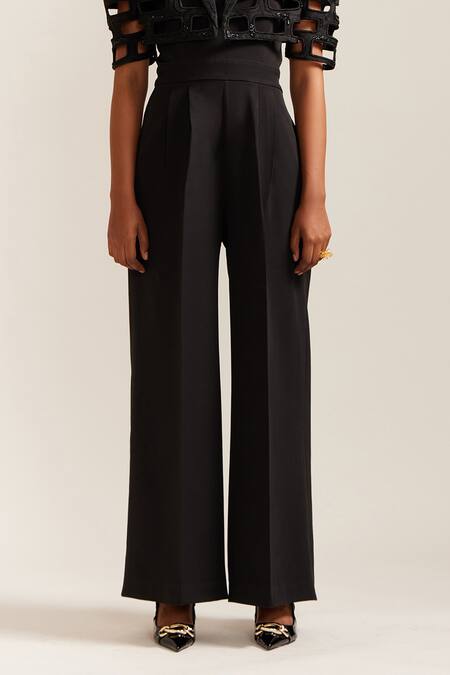 Mini Sondhi_Black Crepe Applique, Beads Collared Brick Cutwork Jacket With Pant _at_Aza_Fashions