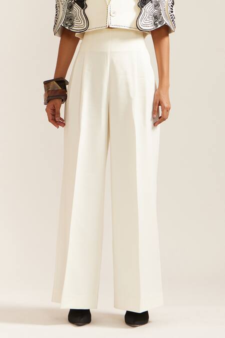 Mini Sondhi_Cream Crepe Embroidery, Applique V-neck 3d Face Jacket With Pant _Online_at_Aza_Fashions