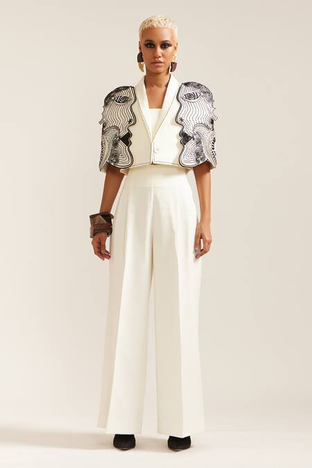 Buy_Mini Sondhi_Cream Crepe Embroidery, Applique V-neck 3d Face Jacket With Pant _Online_at_Aza_Fashions