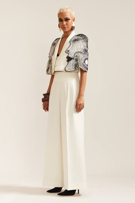 Shop_Mini Sondhi_Cream Crepe Embroidery, Applique V-neck 3d Face Jacket With Pant _Online_at_Aza_Fashions