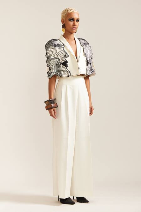 Mini Sondhi_Cream Crepe Embroidery, Applique V-neck 3d Face Jacket With Pant _at_Aza_Fashions