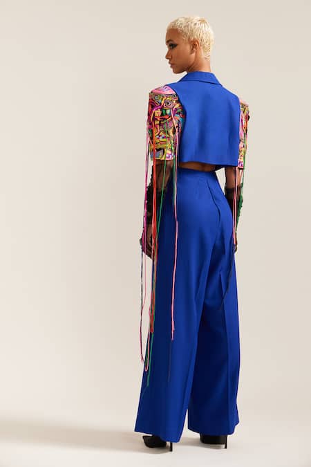 Mini Sondhi_Blue Crepe Embroidery Collared Let Loose Crop Jacket With Pant _Online_at_Aza_Fashions