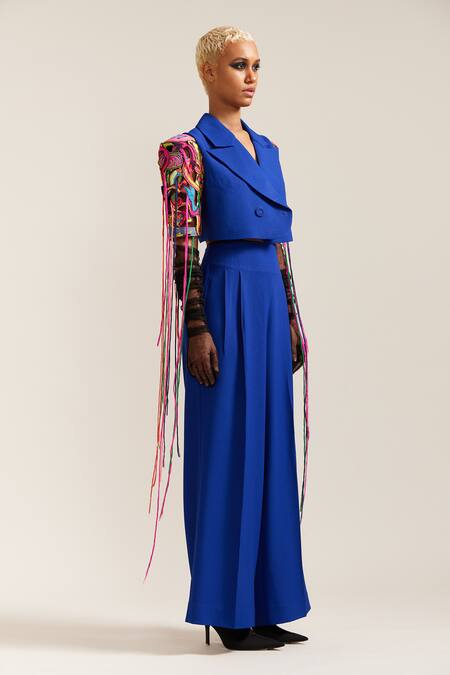 Buy_Mini Sondhi_Blue Crepe Embroidery Collared Let Loose Crop Jacket With Pant _Online_at_Aza_Fashions