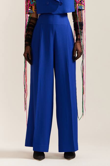 Mini Sondhi_Blue Crepe Embroidery Collared Let Loose Crop Jacket With Pant _at_Aza_Fashions