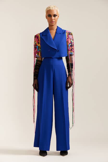 Buy_Mini Sondhi_Blue Crepe Embroidery Collared Let Loose Crop Jacket With Pant 