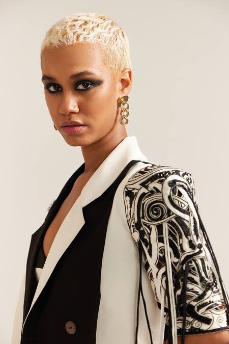 Mini Sondhi_Black Crepe Embroidery, Cut Work Collared Asymmetric Let Loose Jacket With Pant _Online_at_Aza_Fashions