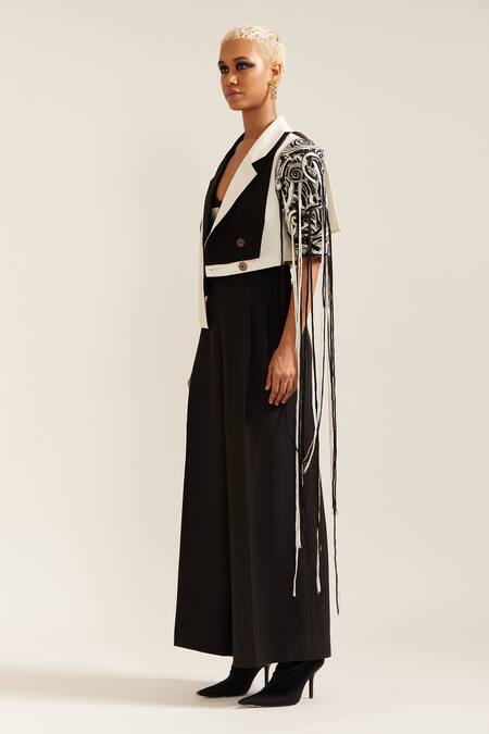 Buy_Mini Sondhi_Black Crepe Embroidery, Cut Work Collared Asymmetric Let Loose Jacket With Pant _Online_at_Aza_Fashions