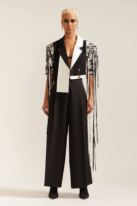 Shop_Mini Sondhi_Black Crepe Embroidery, Cut Work Collared Asymmetric Let Loose Jacket With Pant 
