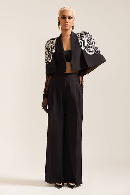 MINI SONDHI Black Crepe Embroidery Ari Lapel Collar Psychedelic Jacket With Pant 