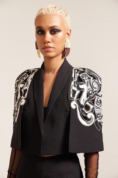 Mini Sondhi_Black Crepe Embroidery V-neck Psychedelic Jacket With Pant _Online_at_Aza_Fashions