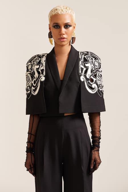 Buy_Mini Sondhi_Black Crepe Embroidery V-neck Psychedelic Jacket With Pant _Online_at_Aza_Fashions