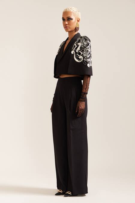 Shop_Mini Sondhi_Black Crepe Embroidery V-neck Psychedelic Jacket With Pant _Online_at_Aza_Fashions
