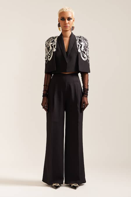 Buy_Mini Sondhi_Black Crepe Embroidery V-neck Psychedelic Jacket With Pant 