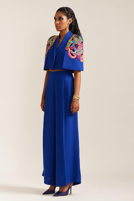 Buy_Mini Sondhi_Blue Crepe Applique Collared Psychedelic Crop Jacket With Pant _Online_at_Aza_Fashions