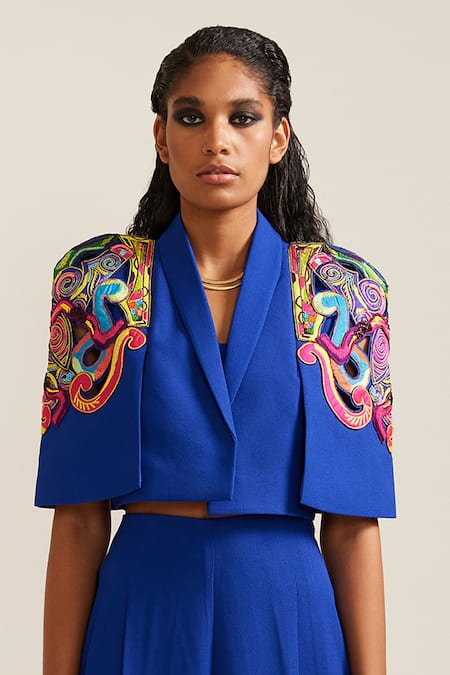 Shop_Mini Sondhi_Blue Crepe Applique Collared Psychedelic Crop Jacket With Pant _Online_at_Aza_Fashions