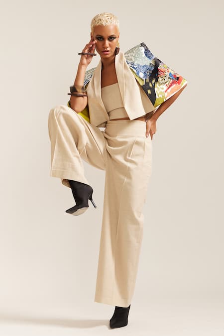 Mini Sondhi_Beige Crepe Embroidery Landscape Crop Jacket With Pant _Online_at_Aza_Fashions