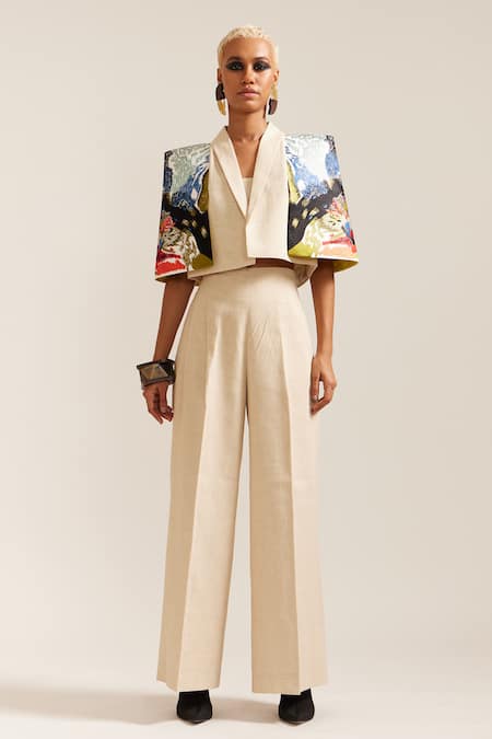 Buy_Mini Sondhi_Beige Crepe Embroidery Landscape Crop Jacket With Pant 