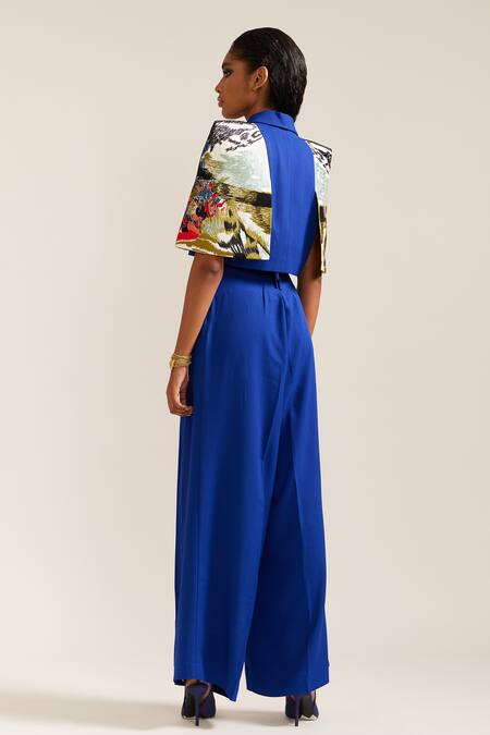 Buy Mini Sondhi Blue Crepe Embroidery Collared Landscape Jacket With Pant Online at Aza Fashions Buy_Mini Sondhi_Blue Crepe Embroidery Collared Landscape Jacket With Pant _Online_at_Aza_Fashions