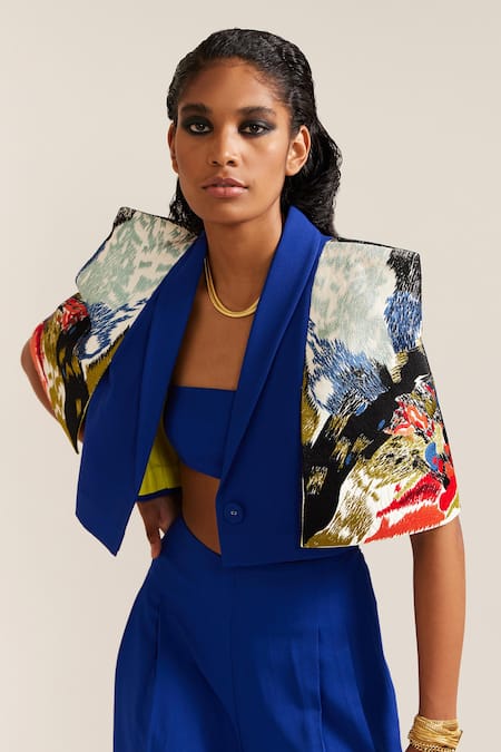Shop Mini Sondhi Blue Crepe Embroidery Collared Landscape Jacket With Pant Online at Aza Fashions Shop_Mini Sondhi_Blue Crepe Embroidery Collared Landscape Jacket With Pant _Online_at_Aza_Fashions