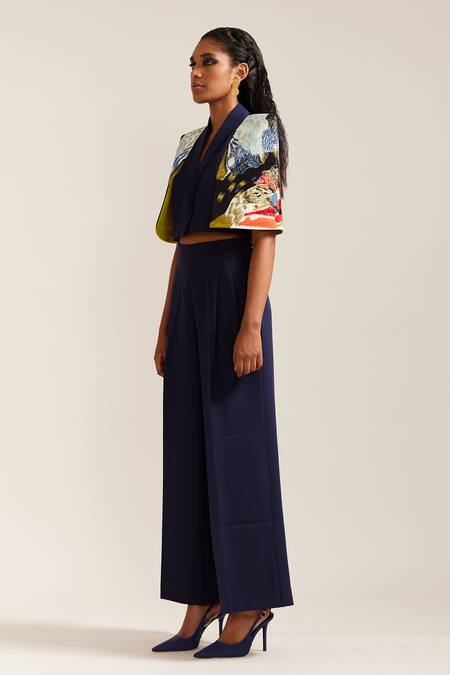 Mini Sondhi_Blue Crepe Embroidery V-neck Landscape Applique Jacket With Pant _Online_at_Aza_Fashions