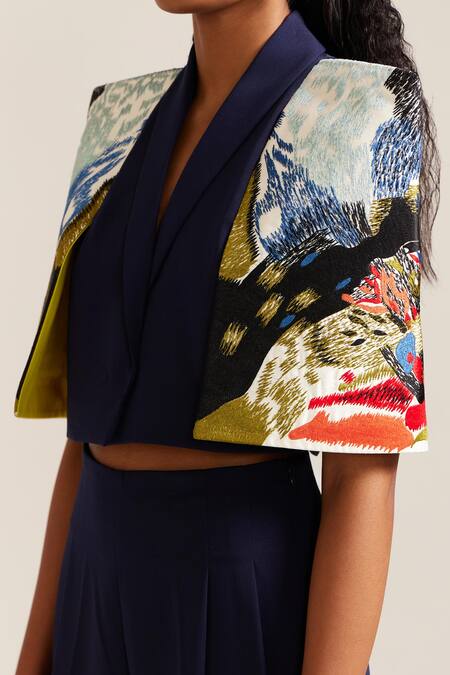 Buy_Mini Sondhi_Blue Crepe Embroidery V-neck Landscape Applique Jacket With Pant _Online_at_Aza_Fashions