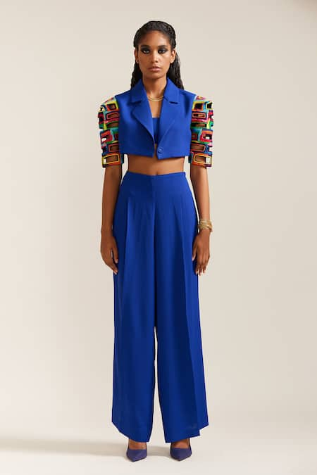 MINI SONDHI Blue Crepe Embroidery Ari Lapel Collar Brick Crop Jacket With Pant 