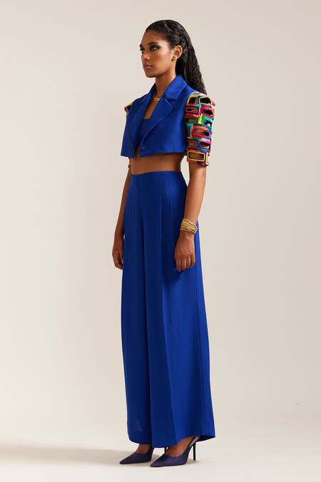 Mini Sondhi Blue Crepe Cut Work, Beads Collared Brick Embroidered Crop Jacket With Pant Online at Aza Fashions Mini Sondhi_Blue Crepe Cut Work, Beads Collared Brick Embroidered Crop Jacket With Pant _Online_at_Aza_Fashions