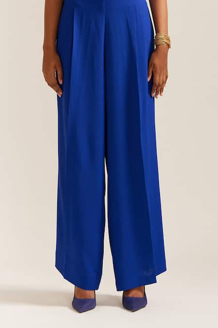 Shop Mini Sondhi Blue Crepe Cut Work, Beads Collared Brick Embroidered Crop Jacket With Pant Online at Aza Fashions Shop_Mini Sondhi_Blue Crepe Cut Work, Beads Collared Brick Embroidered Crop Jacket With Pant _Online_at_Aza_Fashions