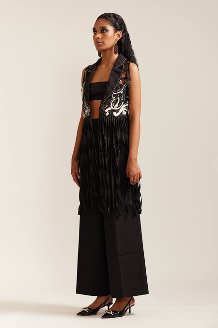 Mini Sondhi_Black Crepe Beads, Applique Collared Fringe Psychedelic Jacket And Pant Set _Online_at_Aza_Fashions