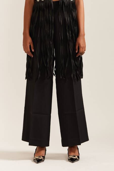 Shop_Mini Sondhi_Black Crepe Beads, Applique Collared Fringe Psychedelic Jacket And Pant Set _Online_at_Aza_Fashions