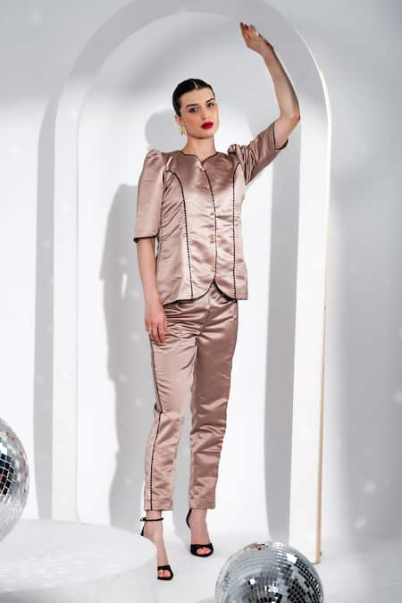 Enness Studio Beige Satin Leaf Audrey Shirt And Pant Set 