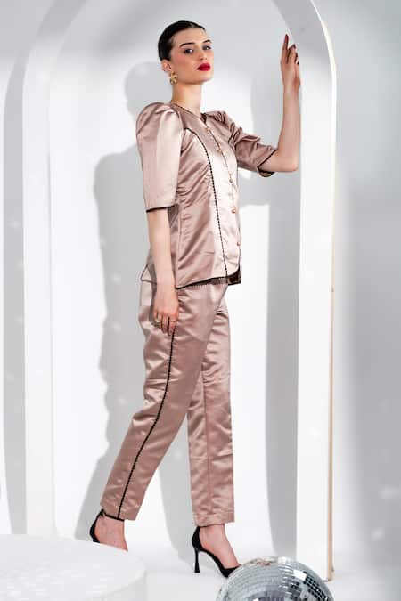 Enness Studio Beige Satin Pearls Audrey Shirt And Pant Set Online at Aza Fashions Enness Studio_Beige Satin Pearls Audrey Shirt And Pant Set _Online_at_Aza_Fashions