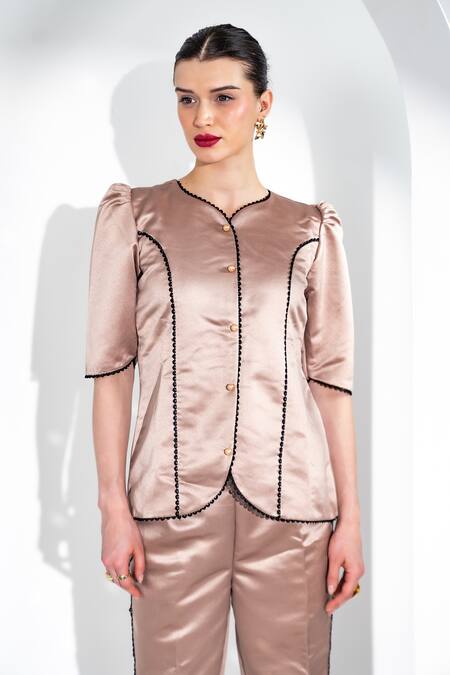 Buy Enness Studio Beige Satin Pearls Audrey Shirt And Pant Set Online at Aza Fashions Buy_Enness Studio_Beige Satin Pearls Audrey Shirt And Pant Set _Online_at_Aza_Fashions