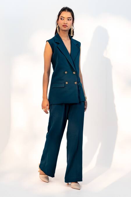 Enness Studio Green Banana Crepe Lapel Collar Charlotte Sleeveless Blazer And Pant Set Online at Aza Fashions Enness Studio_Green Banana Crepe Lapel Collar Charlotte Sleeveless Blazer And Pant Set_Online_at_Aza_Fashions