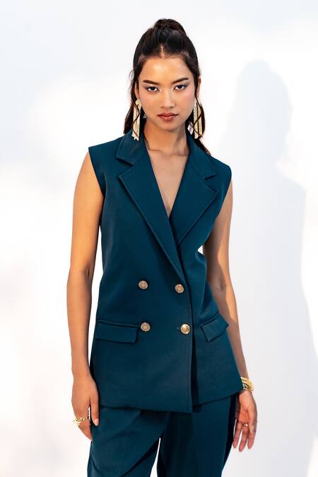 Buy Enness Studio Green Banana Crepe Lapel Collar Charlotte Sleeveless Blazer And Pant Set Online at Aza Fashions Buy_Enness Studio_Green Banana Crepe Lapel Collar Charlotte Sleeveless Blazer And Pant Set_Online_at_Aza_Fashions