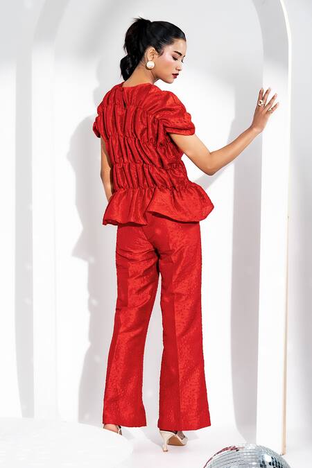 Shop_Enness Studio_Red Bubble Crepe Round Abbey Ruched Top And Pant Set_at_Aza_Fashions