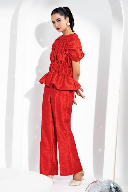 Enness Studio_Red Bubble Crepe Round Abbey Ruched Top And Pant Set_Online_at_Aza_Fashions