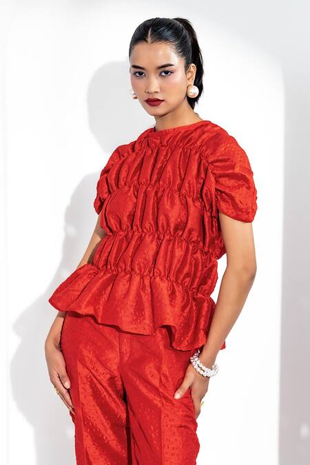 Buy_Enness Studio_Red Bubble Crepe Round Abbey Ruched Top And Pant Set_Online_at_Aza_Fashions