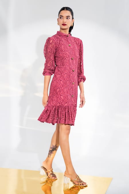 Enness Studio_Pink Lace Embroidery Collared Bella Paisley Pattern Dress _Online_at_Aza_Fashions