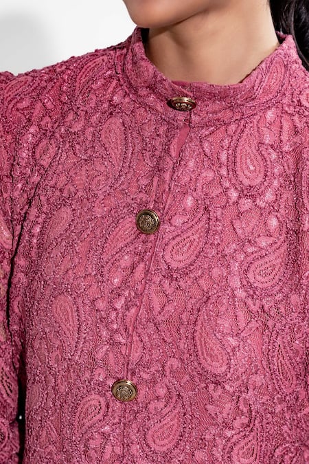 Buy_Enness Studio_Pink Lace Embroidery Collared Bella Paisley Pattern Dress _Online_at_Aza_Fashions