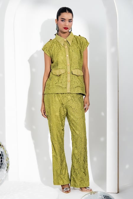 Enness Studio Green Cotton Lace Collared Kylie Floral Top And Pant Set 