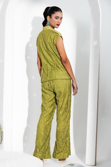 Shop Enness Studio Green Cotton Lace Collared Kylie Floral Top And Pant Set at Aza Fashions Shop_Enness Studio_Green Cotton Lace Collared Kylie Floral Top And Pant Set_at_Aza_Fashions