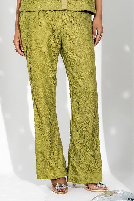 Enness Studio Green Cotton Lace Collared Kylie Floral Top And Pant Set Online at Aza Fashions Enness Studio_Green Cotton Lace Collared Kylie Floral Top And Pant Set_Online_at_Aza_Fashions