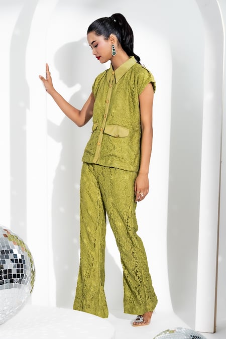 Buy Enness Studio Green Cotton Lace Collared Kylie Floral Top And Pant Set Online at Aza Fashions Buy_Enness Studio_Green Cotton Lace Collared Kylie Floral Top And Pant Set_Online_at_Aza_Fashions