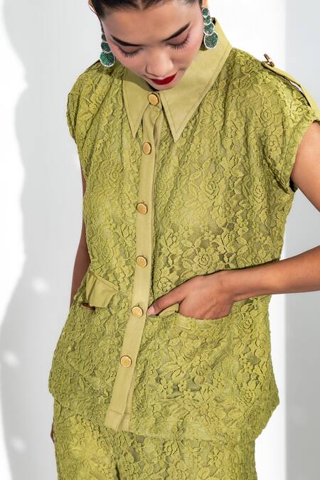 Shop Enness Studio Green Cotton Lace Collared Kylie Floral Top And Pant Set Online at Aza Fashions Shop_Enness Studio_Green Cotton Lace Collared Kylie Floral Top And Pant Set_Online_at_Aza_Fashions