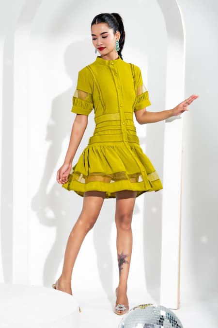 Enness Studio Green Crepe Mandarin Collar Soleil Fit And Flare Dress Online at Aza Fashions Enness Studio_Green Crepe Mandarin Collar Soleil Fit And Flare Dress _Online_at_Aza_Fashions