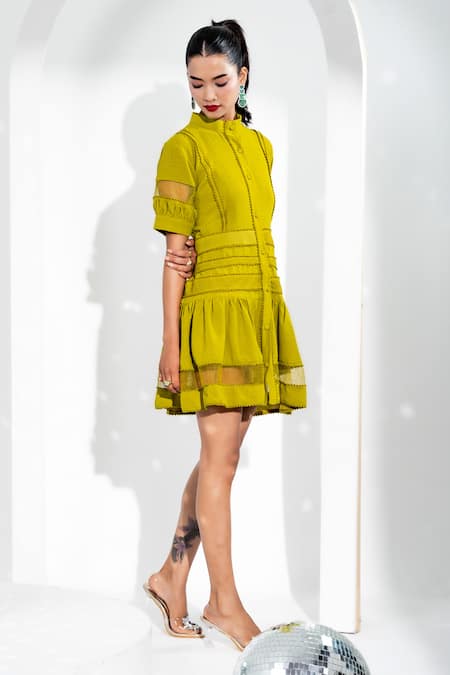 Buy Enness Studio Green Crepe Mandarin Collar Soleil Fit And Flare Dress Online at Aza Fashions Buy_Enness Studio_Green Crepe Mandarin Collar Soleil Fit And Flare Dress _Online_at_Aza_Fashions