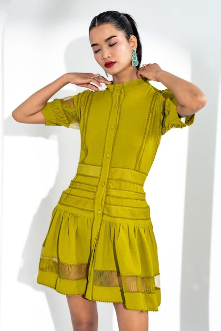 Shop Enness Studio Green Crepe Mandarin Collar Soleil Fit And Flare Dress Online at Aza Fashions Shop_Enness Studio_Green Crepe Mandarin Collar Soleil Fit And Flare Dress _Online_at_Aza_Fashions